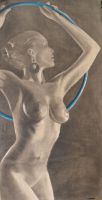 Cerceau bleu Mine de plomb et huile sur toile de Lin format 50cm x 1m